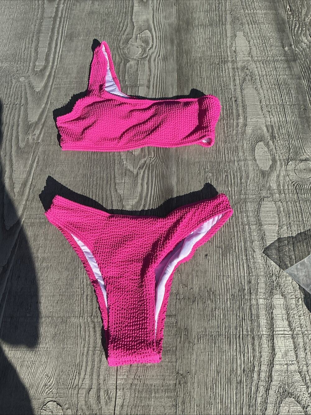 YIMISAN Ribbed Bikini Set One Shoulder Top Mid Waist Bottom Pink XS
